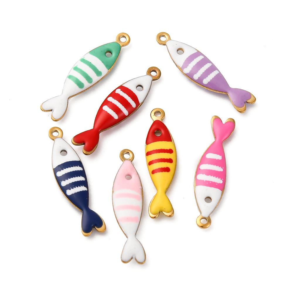 Gold Plated Stainless Steel Enamel Metal Fish Charms - 18x5mmn - 10pcs - (1150)