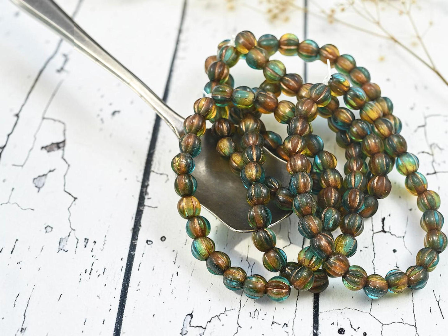Czech Glass Large Hole Round Melon Beads - Copper Washed Teal Topaz Mix - 6mm - 25pcs - (3427)