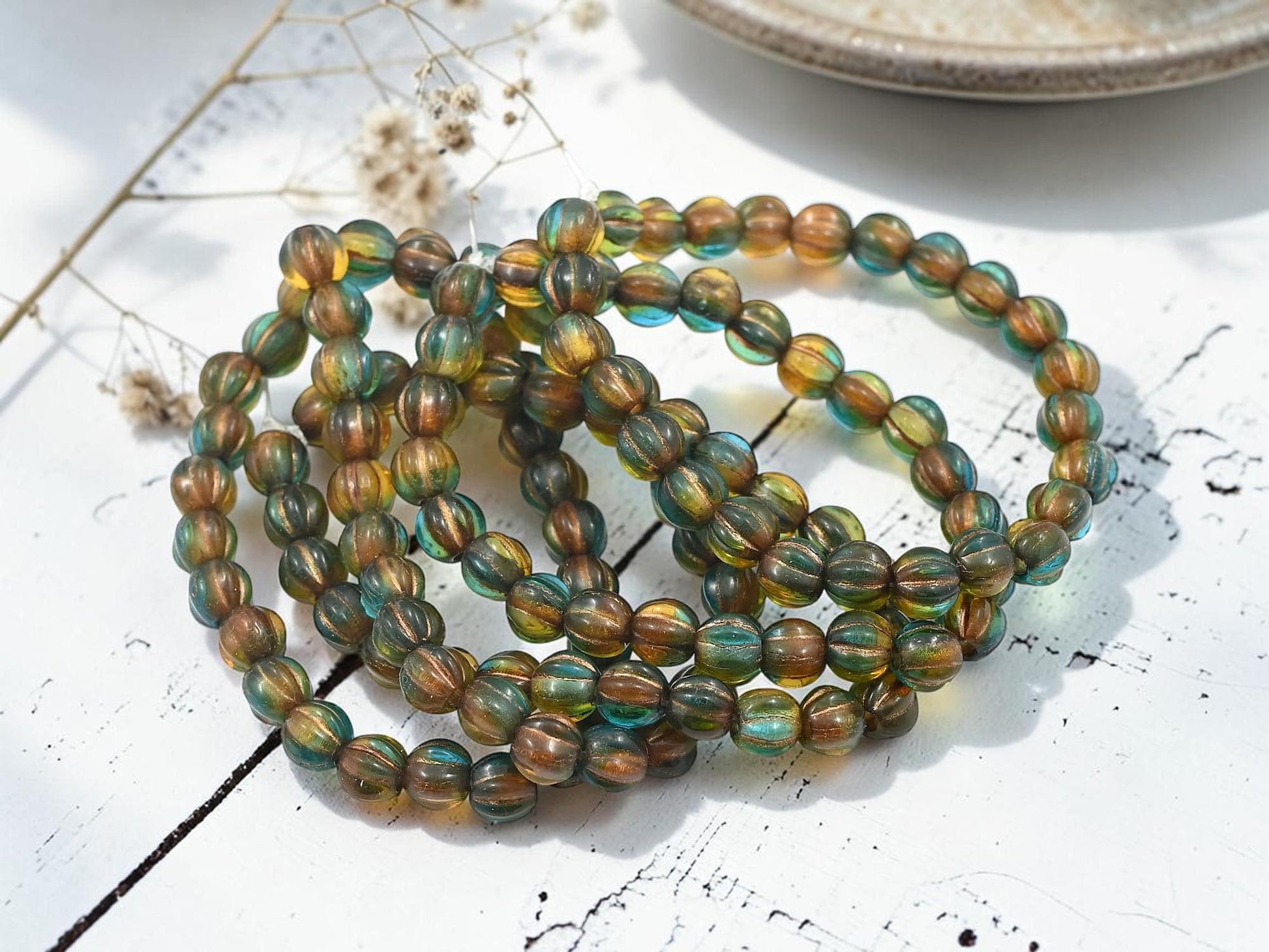 Czech Glass Large Hole Round Melon Beads - Copper Washed Teal Topaz Mix - 6mm - 25pcs - (3427)