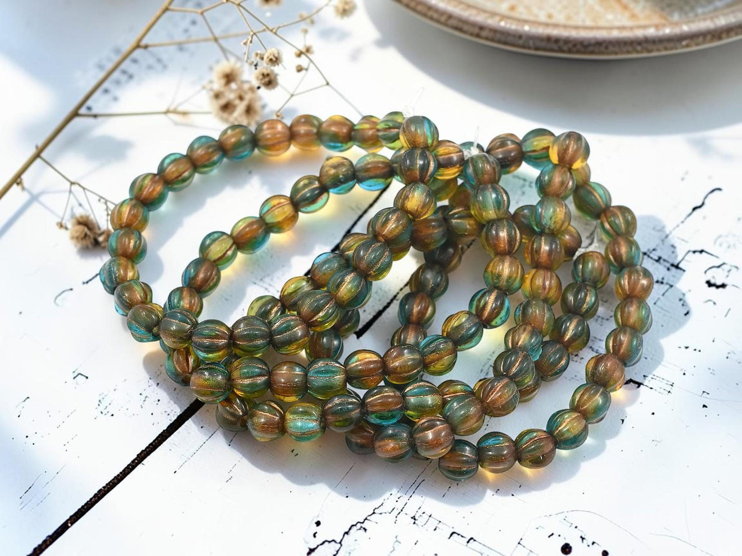 Czech Glass Large Hole Round Melon Beads - Copper Washed Teal Topaz Mix - 6mm - 25pcs - (3427)