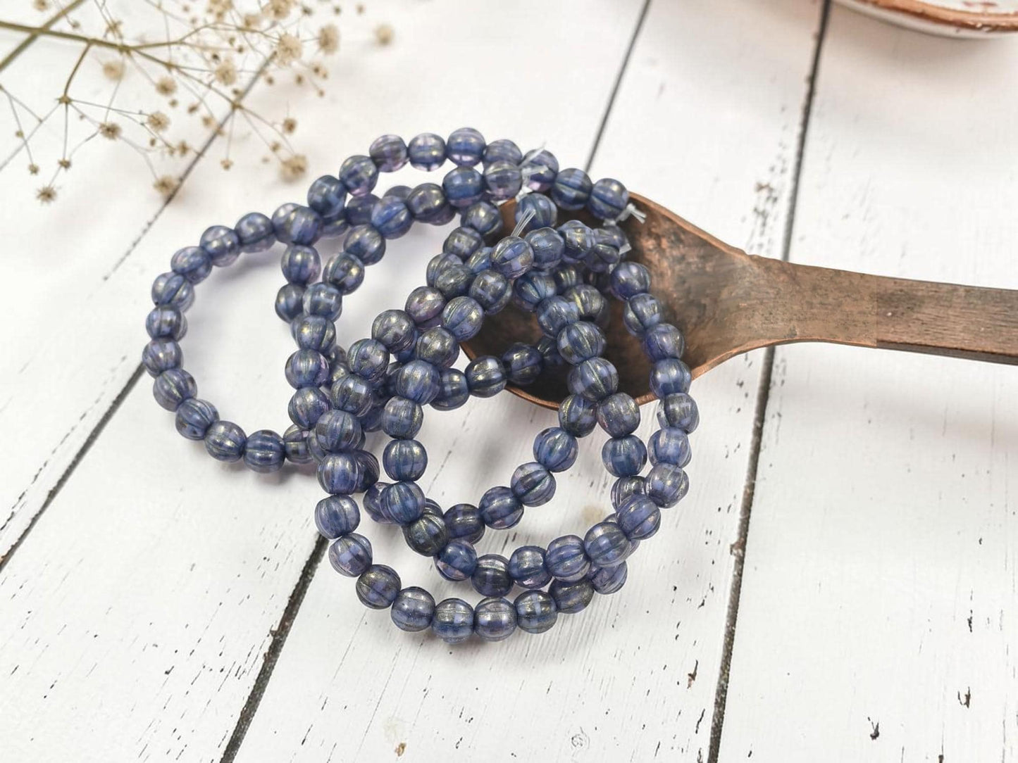 Czech Glass Large Hole Round Melon Beads - Purple Washed Golden Grape - 6mm - 25pcs - (1758)