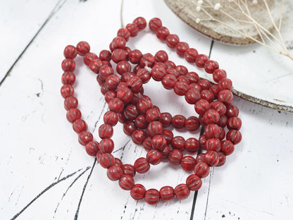 Czech Glass Large Hole Round Melon Beads - Bronze Washed Varigated Red - 6mm - 25pcs - (967)