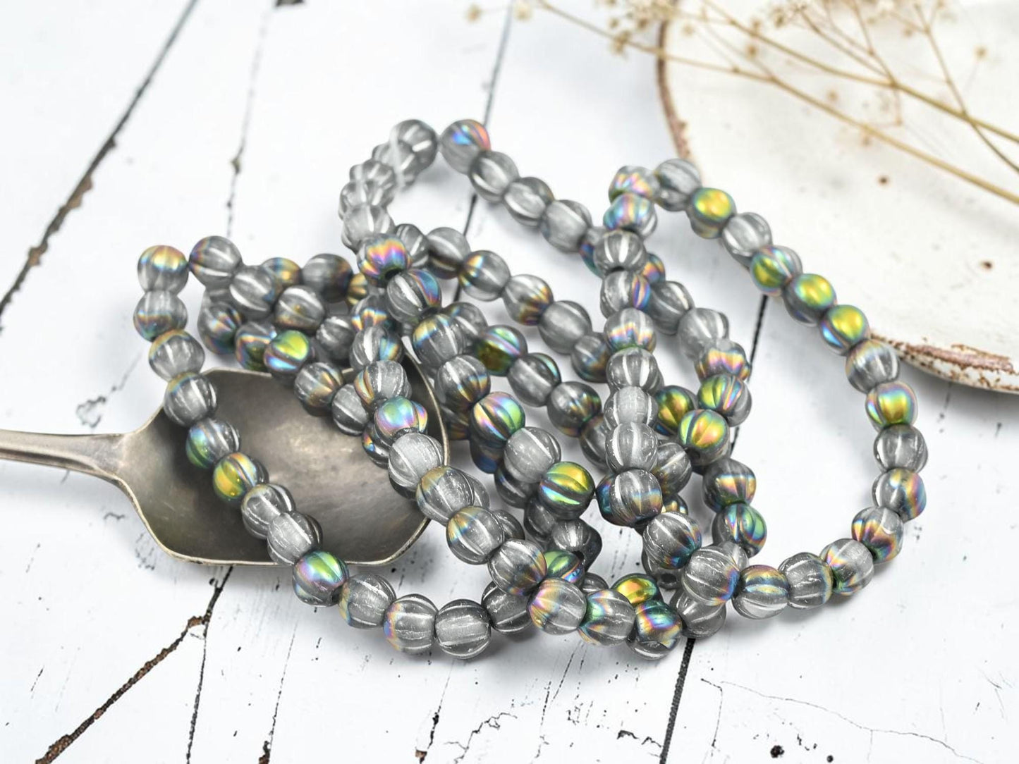 Czech Glass Large Hole Round Melon Beads - Silver Washed Grey Rainbow - 6mm - 25pcs - (4791)