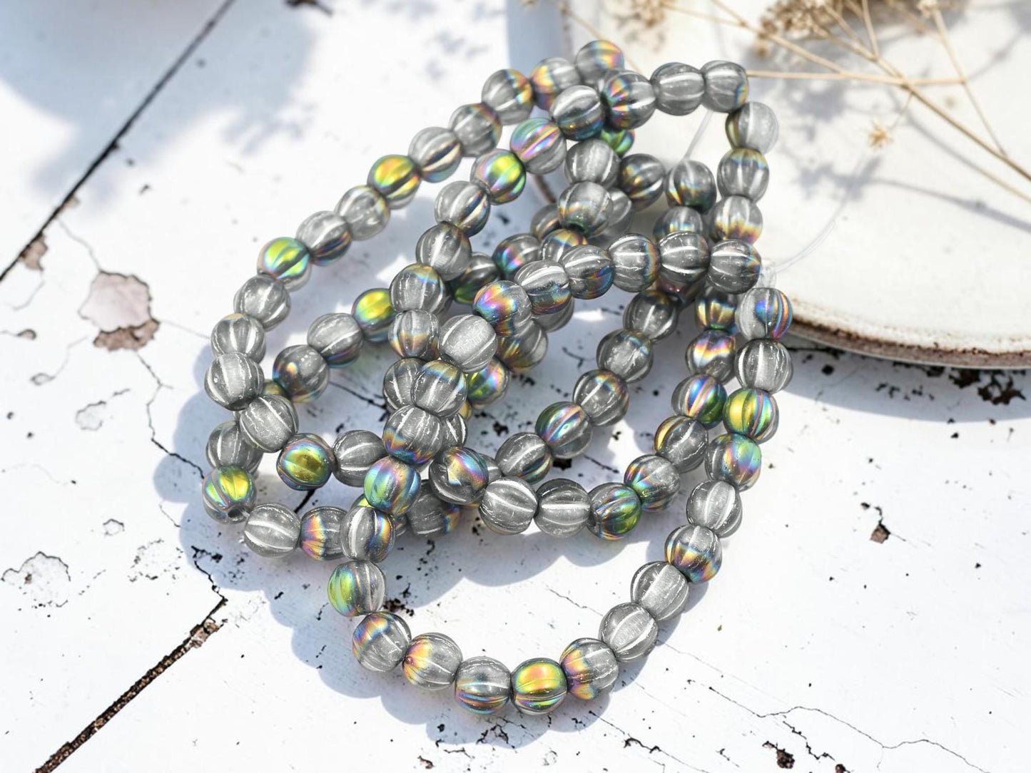 Czech Glass Large Hole Round Melon Beads - Silver Washed Grey Rainbow - 6mm - 25pcs - (4791)