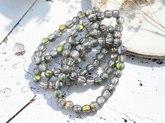 Czech Glass Large Hole Round Melon Beads - Silver Washed Grey Rainbow - 6mm - 25pcs - (4791)