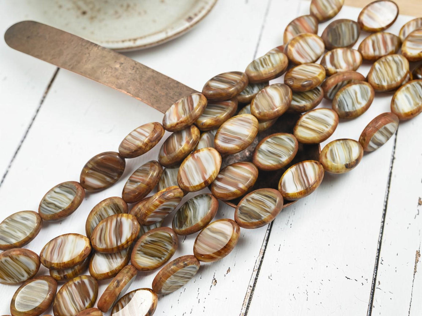 Old Stock Czech Glass Oval Table Cut Beads - Striped Sandstone Picasso - 17x12mm - 12pcs - (B700)
