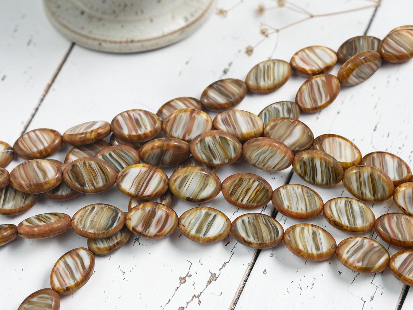 Old Stock Czech Glass Oval Table Cut Beads - Striped Sandstone Picasso - 17x12mm - 12pcs - (B700)