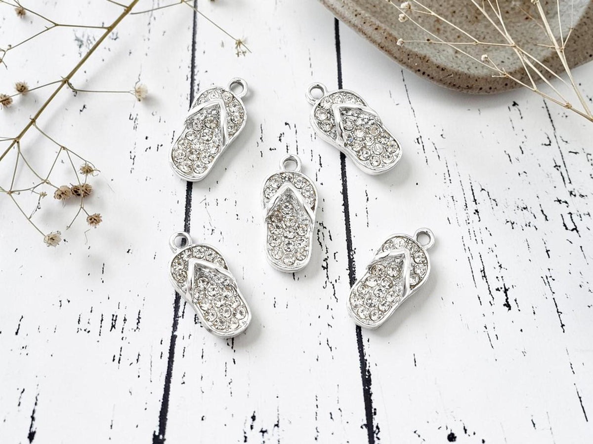 Platinum Silver Rhinestone Flip Flop Sandal Beach Charms - 4pcs - 18x9mm - (5084)