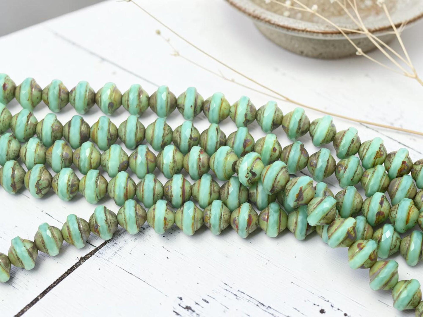 Czech Glass Saturn Beads - Aqua Opaline Picasso - 8x10mm - 19pcs - (A579)