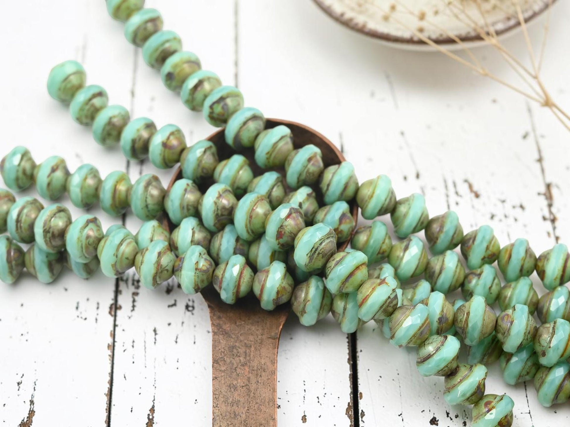 Czech Glass Saturn Beads - Aqua Opaline Picasso - 8x10mm - 19pcs - (A579)