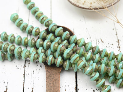 Czech Glass Saturn Beads - Aqua Opaline Picasso - 8x10mm - 19pcs - (A579)