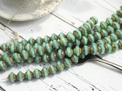 Czech Glass Saturn Beads - Aqua Opaline Picasso - 8x10mm - 19pcs - (A579)
