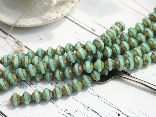 Czech Glass Saturn Beads - Aqua Opaline Picasso - 8x10mm - 19pcs - (A579)