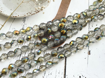 Old Stock Czech Glass 10mm Fire Polished Faceted Round Beads - Vintage Gold Washed Crystal - 20pcs (B629)