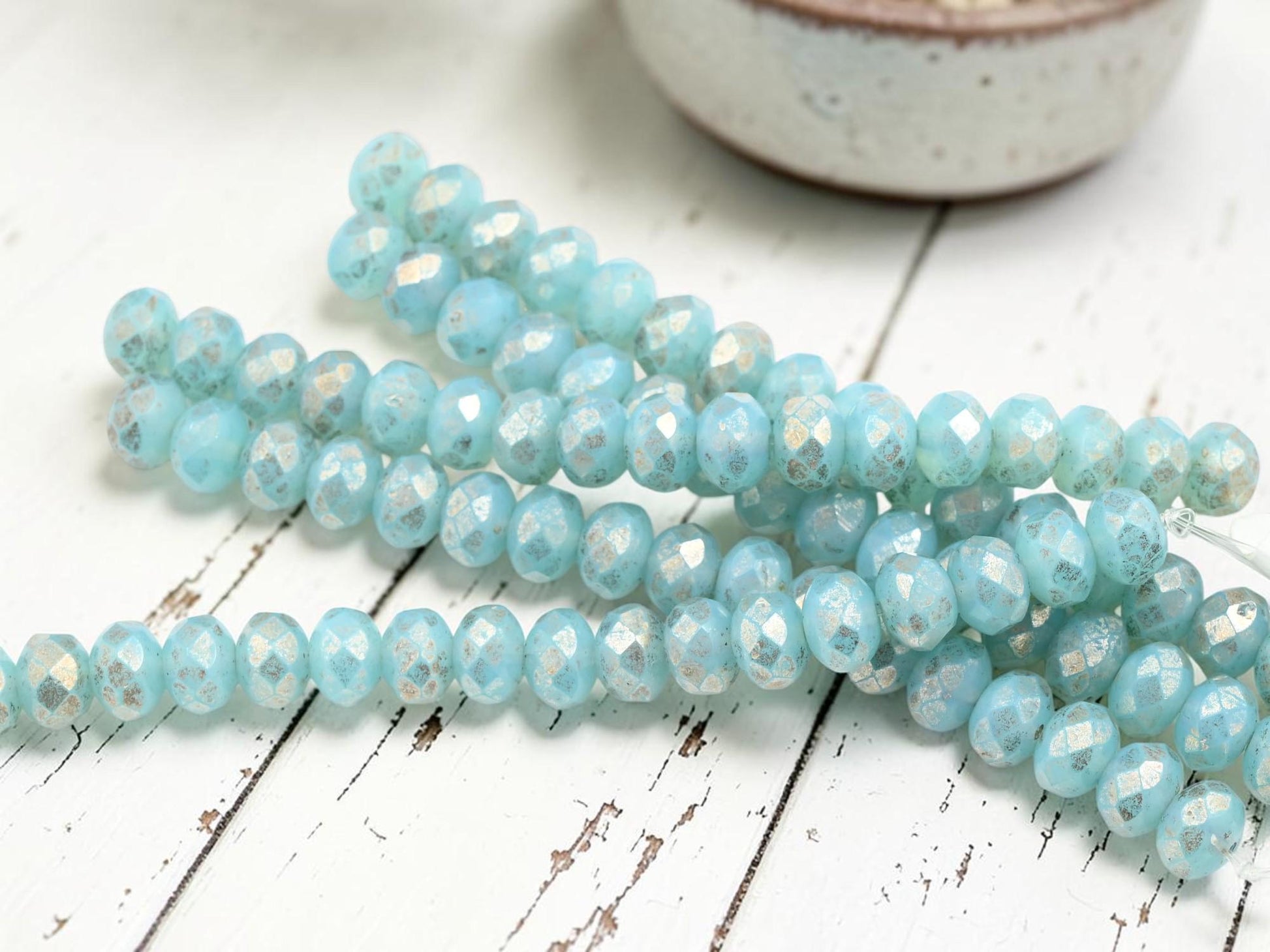 Czech Glass Faceted Fire Polished Rondelle Donut Beads - Blue Aqua Opaline - 6x8mm - 17pcs - (1134)