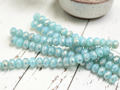 Czech Glass Faceted Fire Polished Rondelle Donut Beads - Blue Aqua Opaline - 6x8mm - 17pcs - (1134)