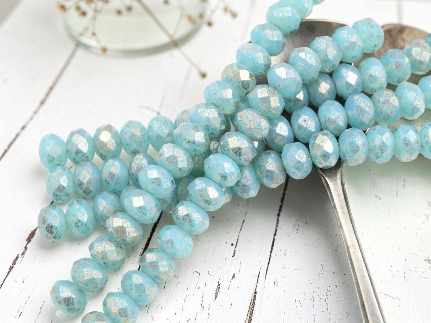 Czech Glass Faceted Fire Polished Rondelle Donut Beads - Blue Aqua Opaline - 6x8mm - 17pcs - (1134)