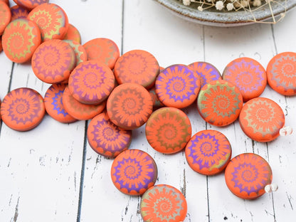Czech Glass Laser Etched Spiral Design Coin Beads - Matte Orange Slipirit - 14mm - 8pcs - (861)