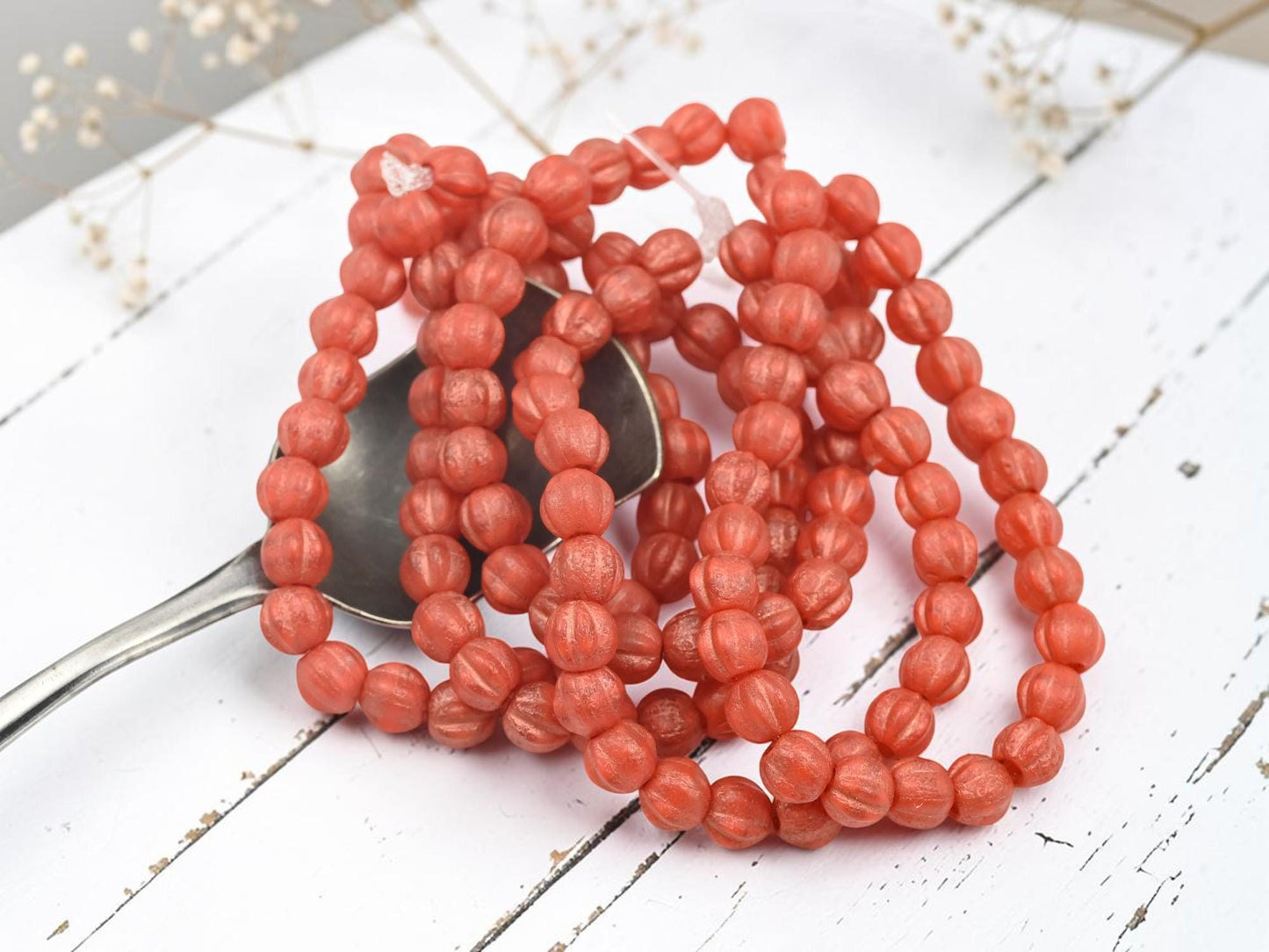 Czech Glass Large Hole Round Melon Beads - Copper Washed Etched Orange - 6mm - 25pcs - (284)