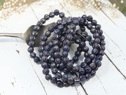 Czech Glass Large Hole Round Melon Beads - Gold Lustered Indigo - 6mm - 25pcs - (1820)