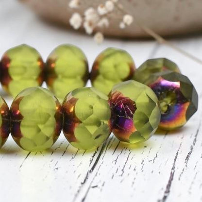 Czech Glass Faceted Fire Polished Rondelle Beads - Bronze Rainbow Peridot - 5x7mm - 25pcs - (2726)