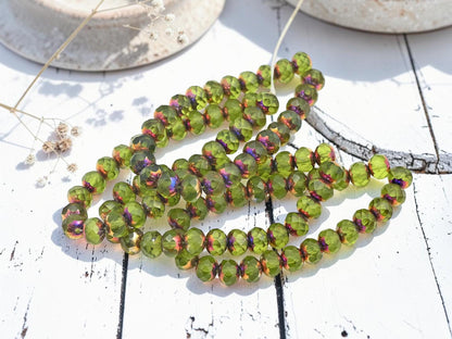 Czech Glass Faceted Fire Polished Rondelle Beads - Bronze Rainbow Peridot - 5x7mm - 25pcs - (2726)
