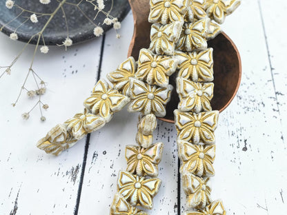 Czech Glass Butterfly Beads - Gold Washed Ivory AB - 15x11mm - 8pcs - (2060)