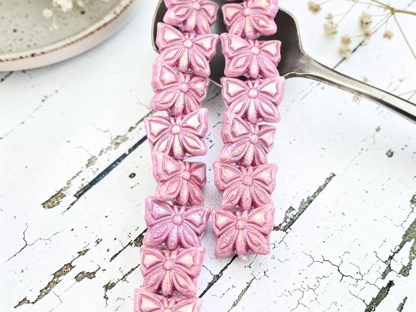 Czech Glass Butterfly Beads - Pink Washed Pink AB - 15x11mm - 8pcs - (335)