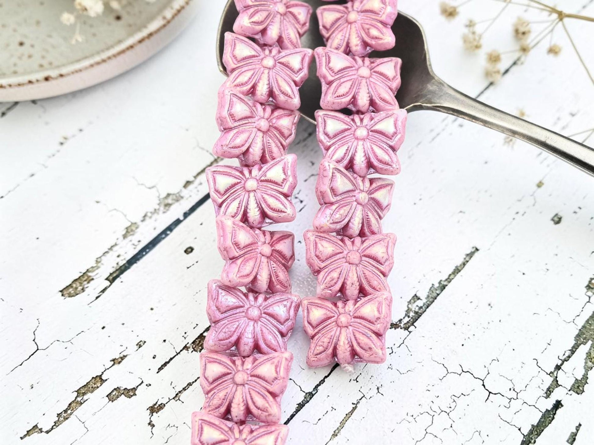 Czech Glass Butterfly Beads - Pink Washed Pink AB - 15x11mm - 8pcs - (335)