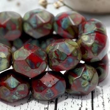 6mm Czech Glass Faceted Fire Polished Round Beds - Opaque Red Travertine - 25pcs - (3577)