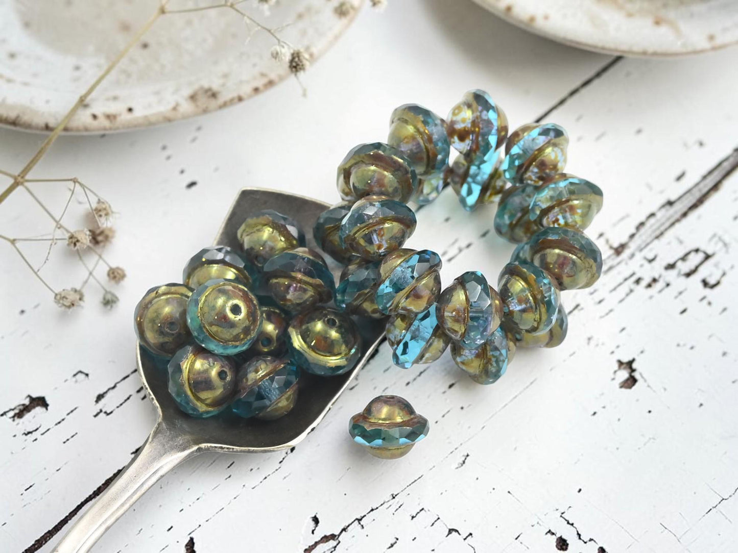 Czech Glass Faceted Saturn Beads - Antique Bronze Washed Aqua - 8x10mm - 10pcs - (2530)