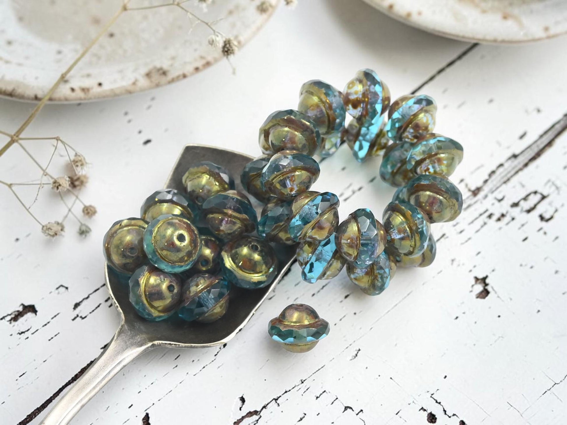 Czech Glass Faceted Saturn Beads - Antique Bronze Washed Aqua - 8x10mm - 10pcs - (2530)