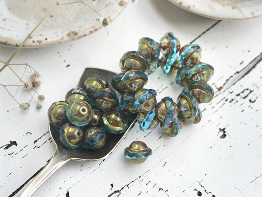 Czech Glass Faceted Saturn Beads - Antique Bronze Washed Aqua - 8x10mm - 10pcs - (2530)