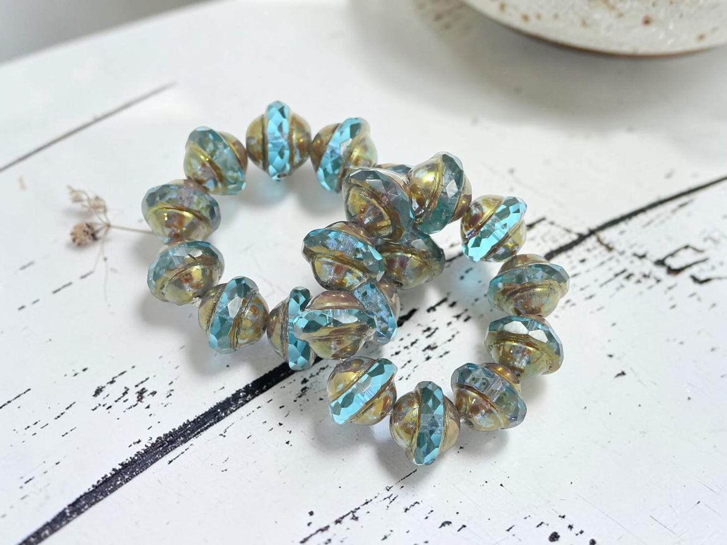Czech Glass Faceted Saturn Beads - Antique Bronze Washed Aqua - 8x10mm - 10pcs - (2530)