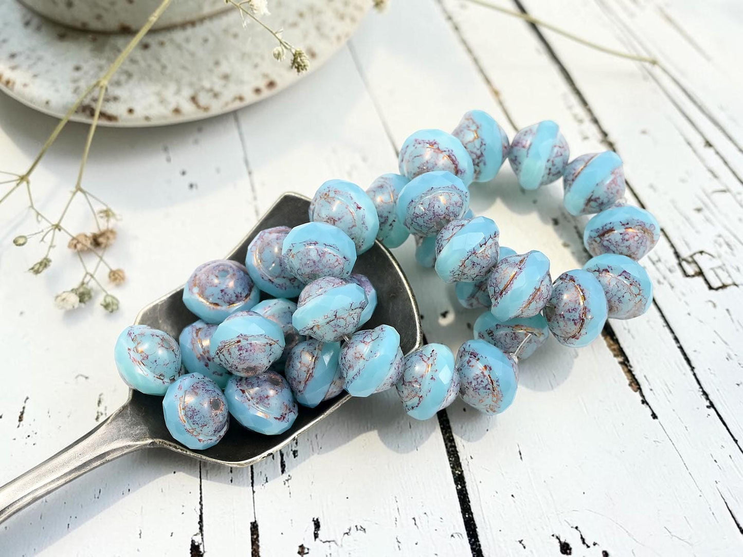 Czech Glass Faceted Saturn Beads - Purple Washed Blue Opaline - 8x10mm - 10pcs - (2331)