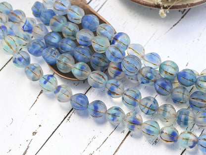 Czech Glass Round Melon Beads - 10mm - Bronze Washed Matte Blue Aqua Crystal - 15pcs - (2783)