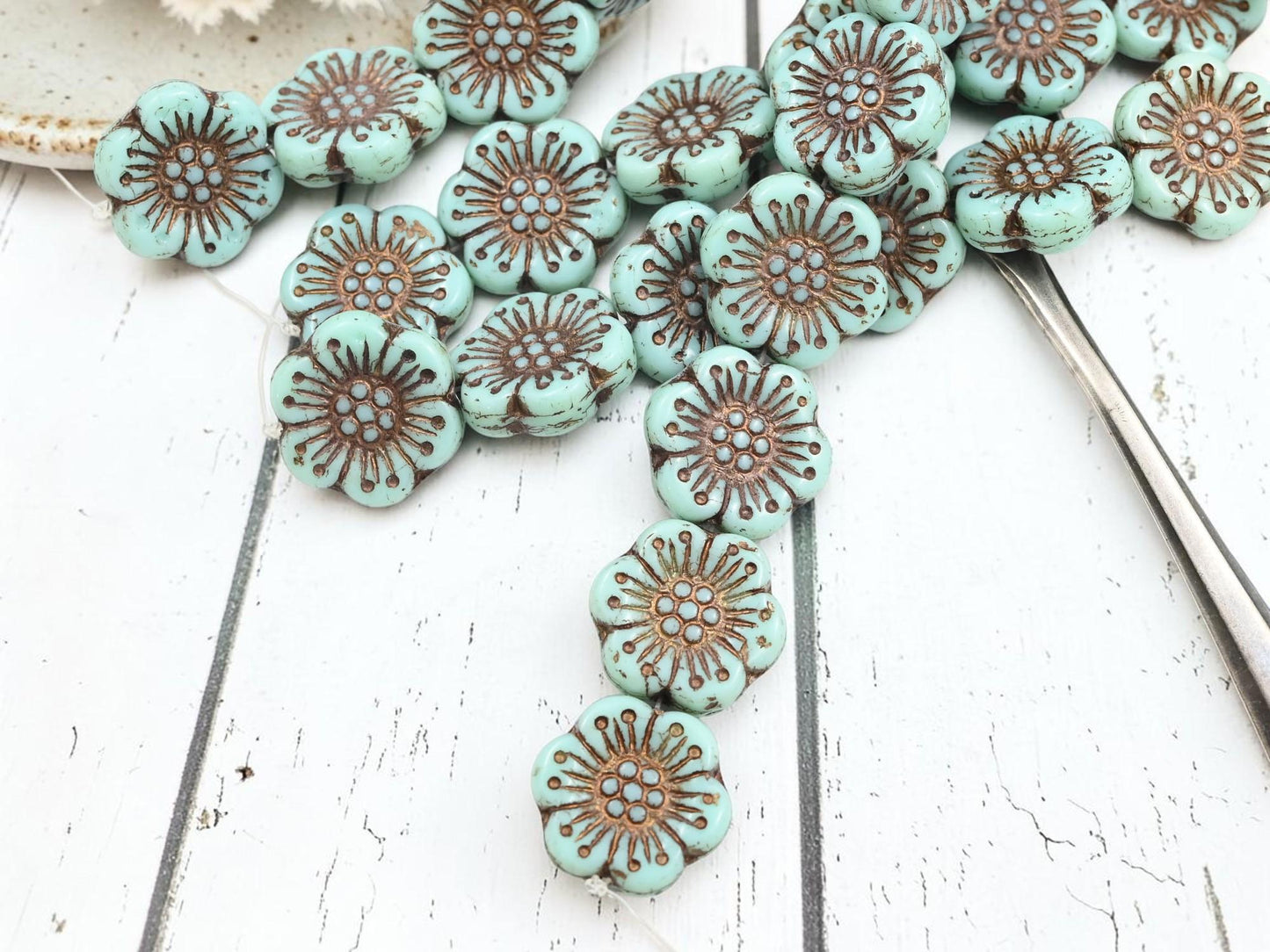 Czech Glass 18mm Wild Flower Beads - Bronze Washed Turquoise - 6pcs - (4153)