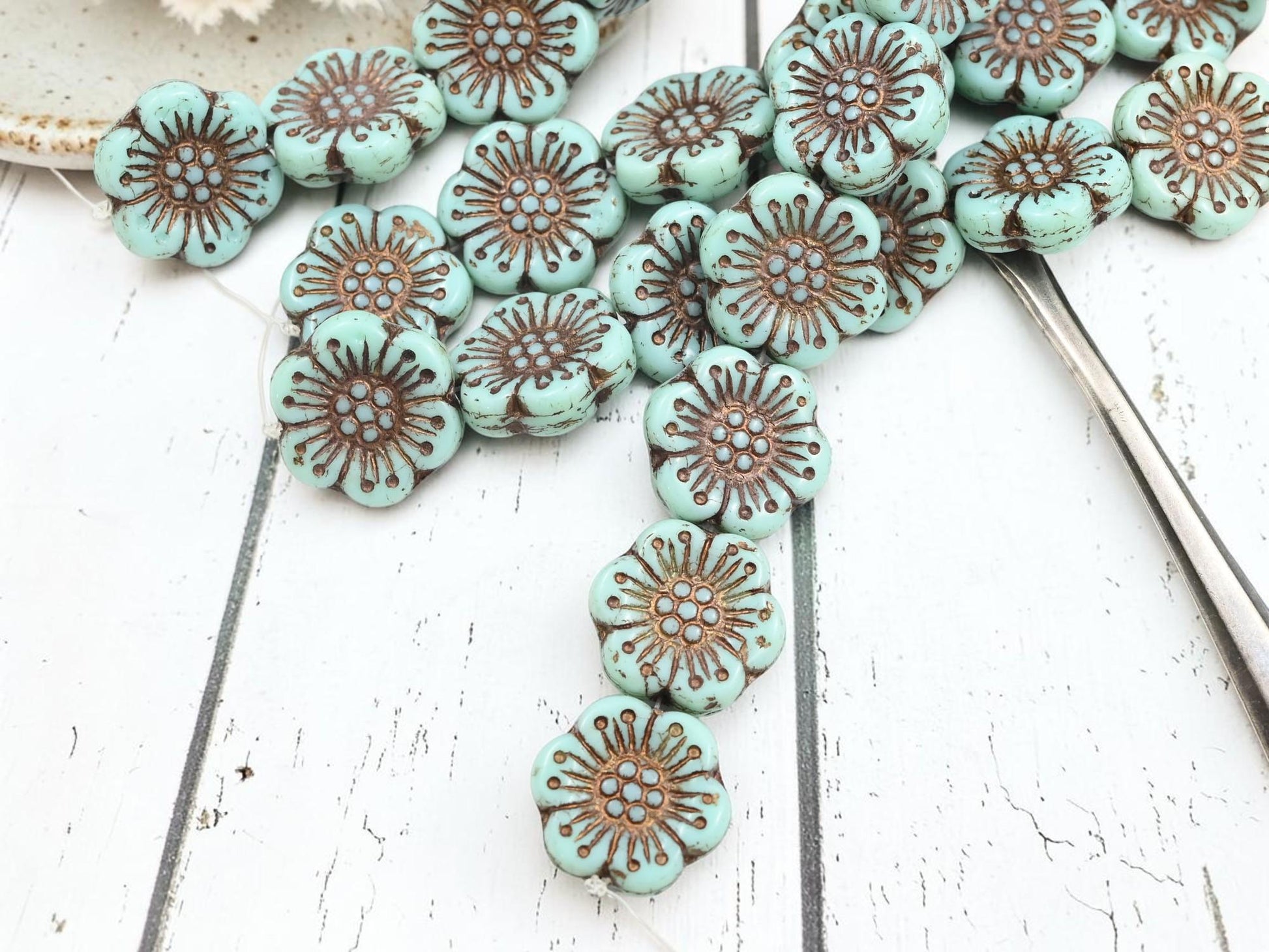 Czech Glass 18mm Wild Flower Beads - Bronze Washed Turquoise - 6pcs - (4153)