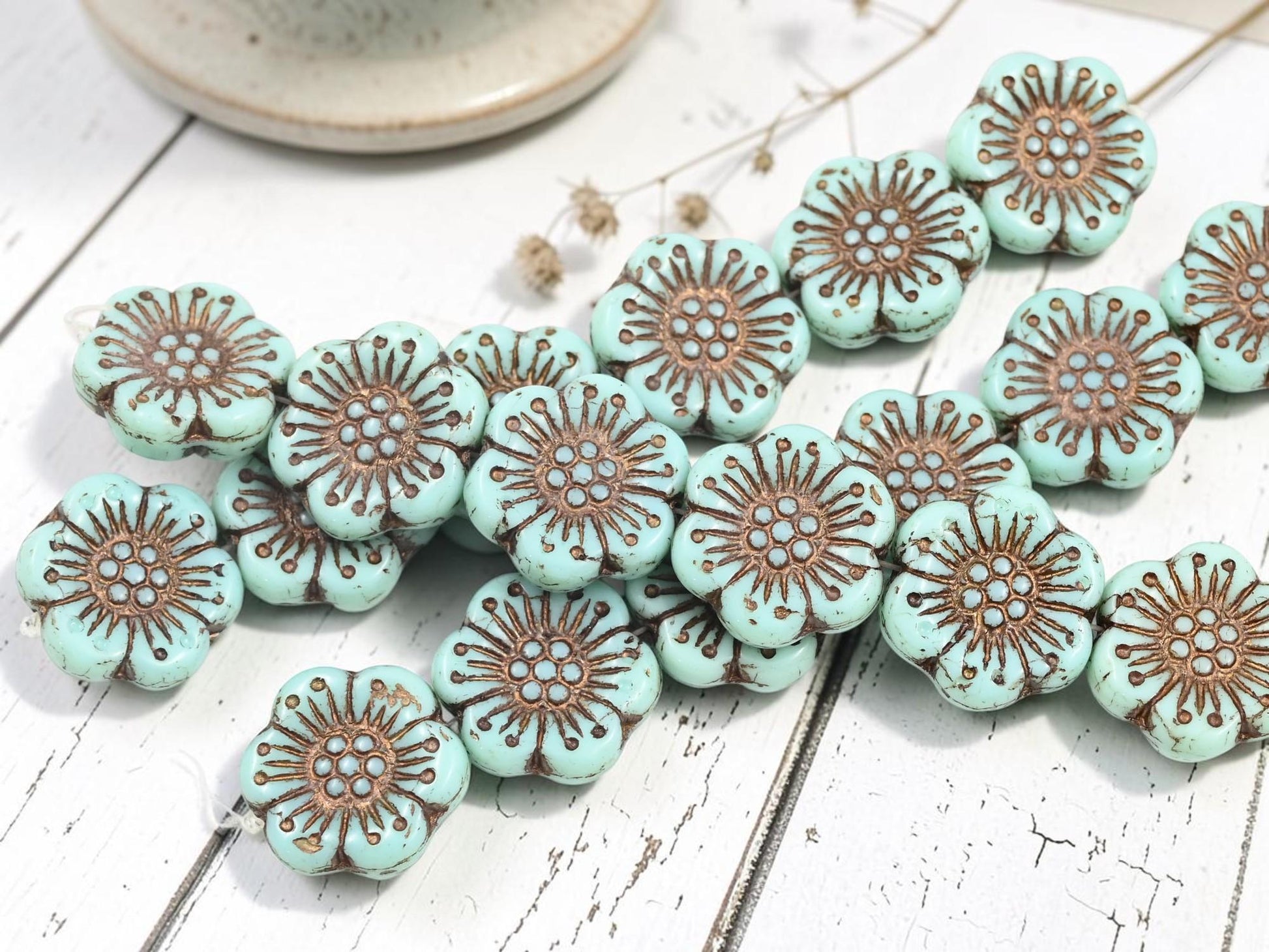 Czech Glass 18mm Wild Flower Beads - Bronze Washed Turquoise - 6pcs - (4153)