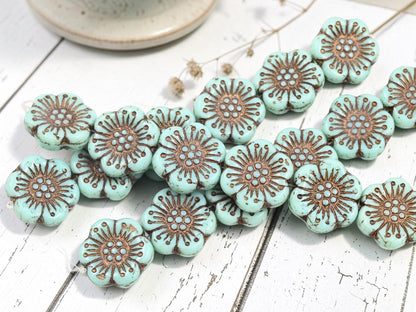 Czech Glass 18mm Wild Flower Beads - Bronze Washed Turquoise - 6pcs - (4153)