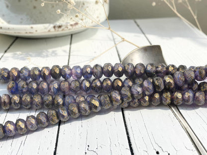 Czech Glass Faceted Fire Polished Rondelle Donut Beads - Matte Blue Amethyst - 6x8mm - 25pcs - (A676)