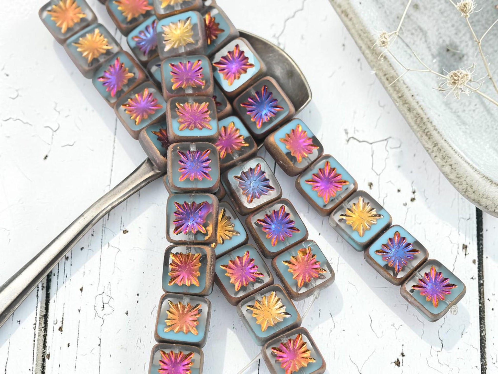 Czech Glass Table Cut Starburst Square Beads - 10mm - 10pcs - (2428)