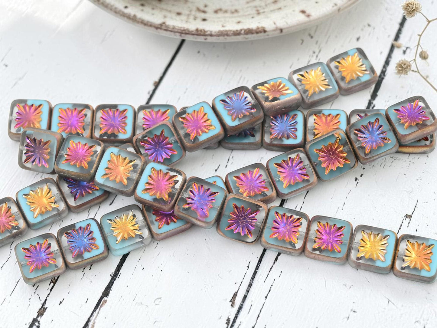 Czech Glass Table Cut Starburst Square Beads - 10mm - 10pcs - (2428)