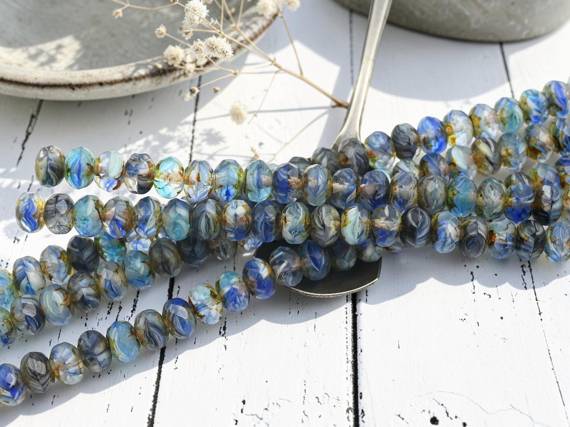 Czech Glass Faceted Fire Polished Rondelle Beads - Matte Blue Aqua Picasso - 6x8mm - 25pcs - (B199)