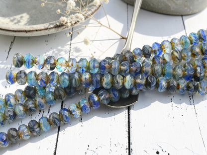 Czech Glass Faceted Fire Polished Rondelle Beads - Matte Blue Aqua Picasso - 6x8mm - 25pcs - (B199)
