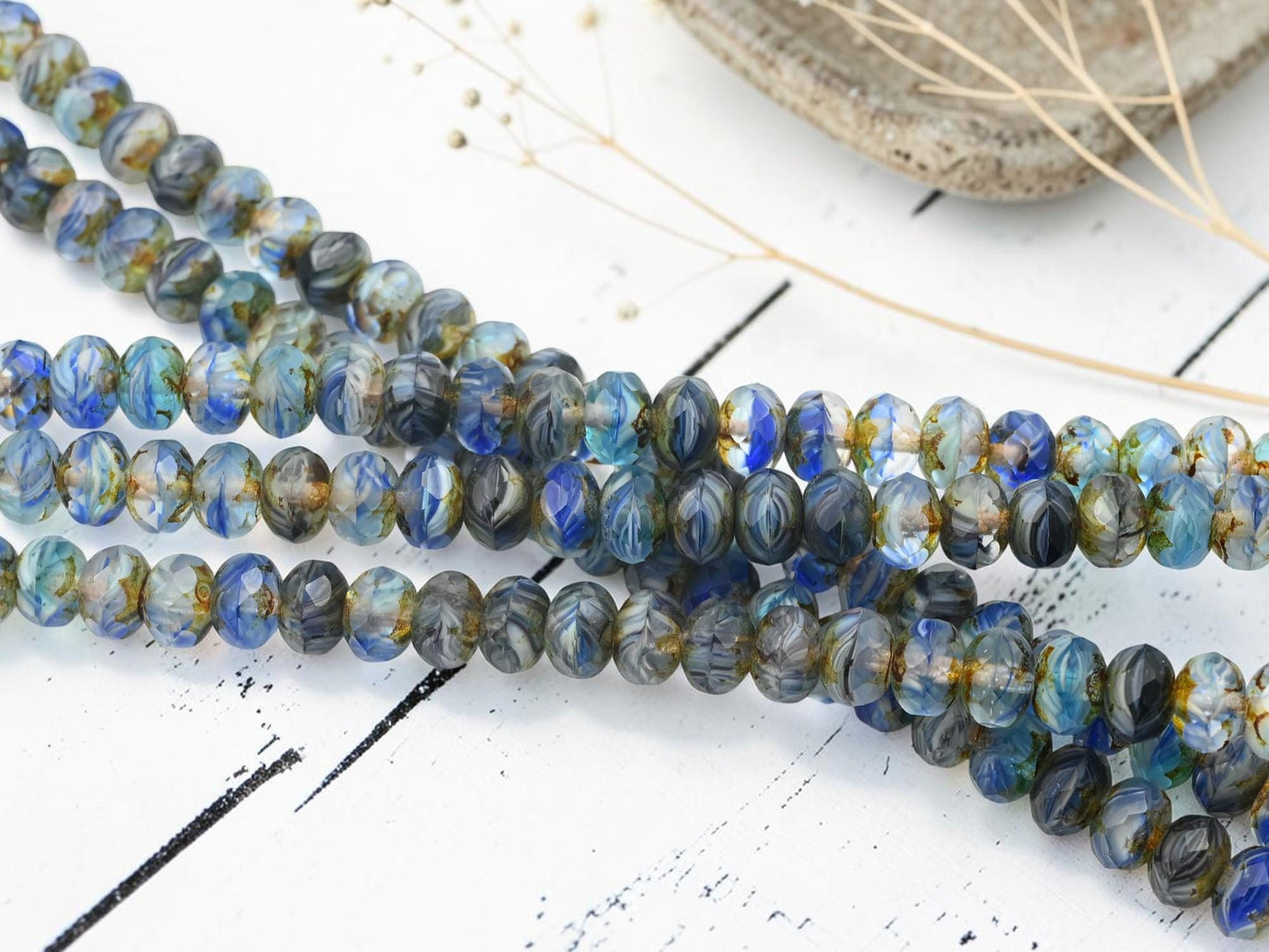 Czech Glass Faceted Fire Polished Rondelle Beads - Matte Blue Aqua Picasso - 6x8mm - 25pcs - (B199)