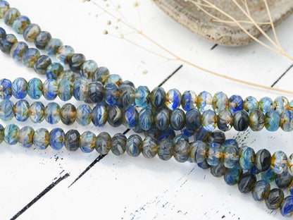 Czech Glass Faceted Fire Polished Rondelle Beads - Matte Blue Aqua Picasso - 6x8mm - 25pcs - (B199)