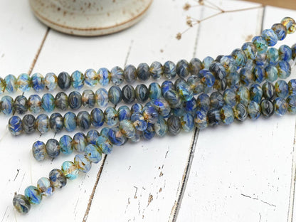 Czech Glass Faceted Fire Polished Rondelle Beads - Matte Blue Aqua Picasso - 6x8mm - 25pcs - (B199)