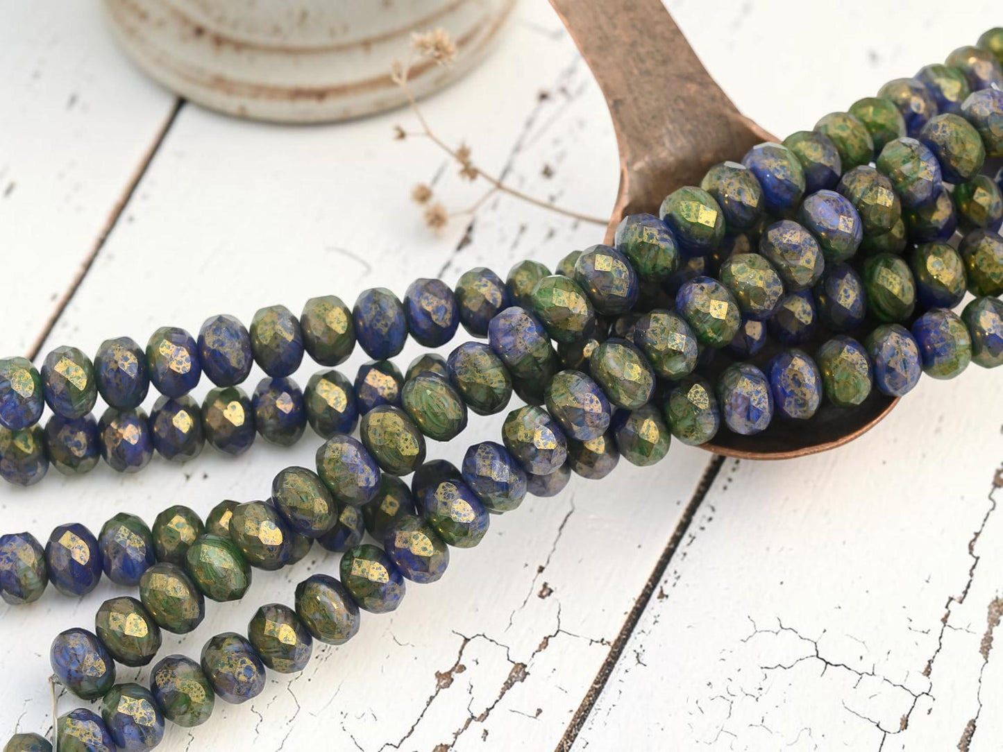 Czech Glass Faceted Fire Polished Rondelle Donut Beads - Bronzed Indigo Olive - 6x8mm - 25pcs - (B299)