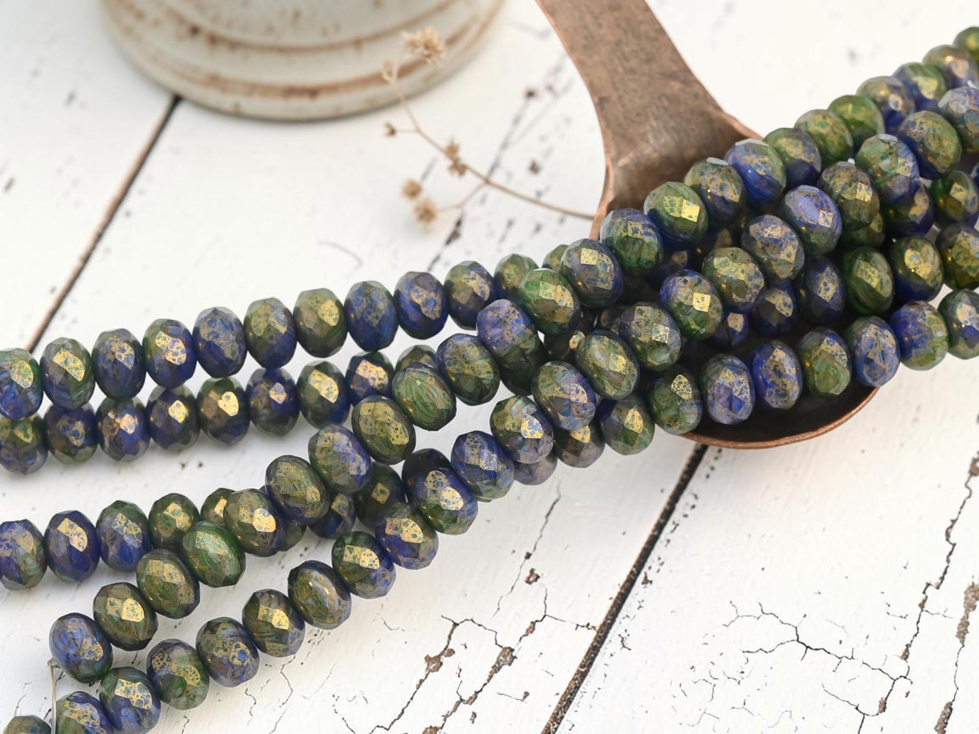 Czech Glass Faceted Fire Polished Rondelle Donut Beads - Bronzed Indigo Olive - 6x8mm - 25pcs - (B299)